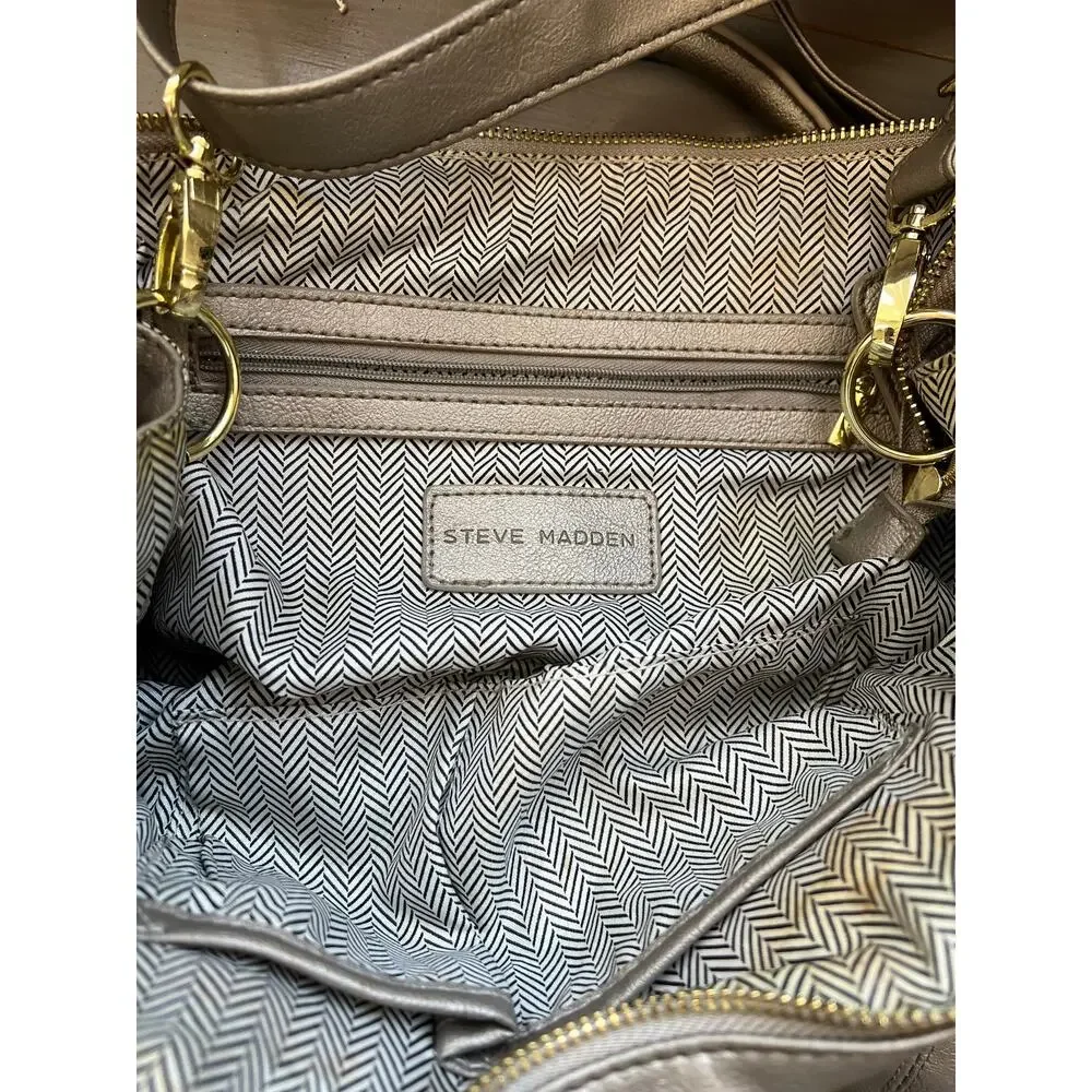 Steve Madden Metallic Taupe Tote with Chain-Accent Handles hand bag neutral